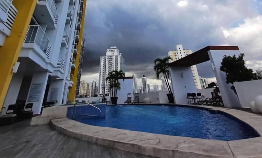 Rooftop swimming pool workout, Panama City, Panama