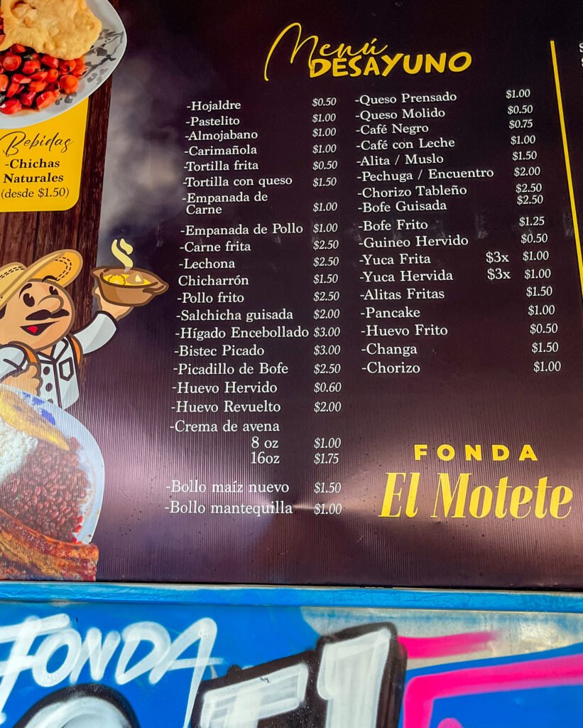 Menu at El Motete displaying prices for authentic Panamanian breakfast foods.