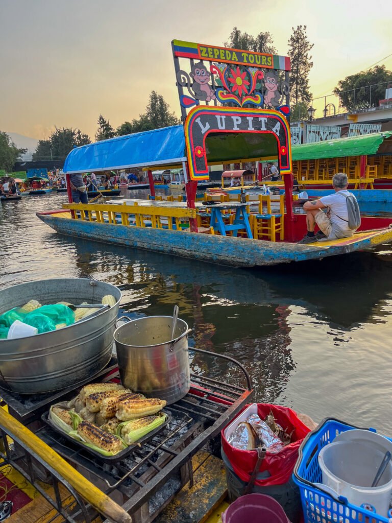 Elote vendors cruise the canals of Xochimilco.
