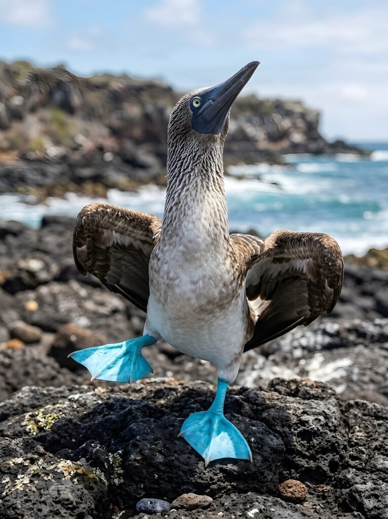 bird, blue-footed, animal, wildlife, galapagos, island, tropical, pacific, coast, sea, rock, seabird, beak, wing, nature, posture, dance, unique, display, shoreline, natural environment, blue-footed booby-10205863.jpg